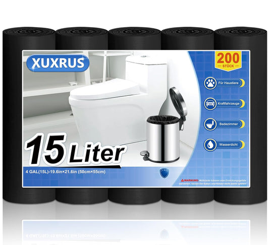 XUXRUS Schwarze Müllbeutel 15L Reißfest Müllsäcke Kleine Mülltüten für Badezimmer,Küche,Büro,200 Stück Blickdicht Abfallbeutel