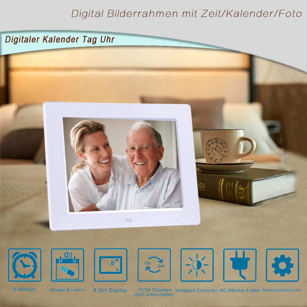 SENXINGYAN 8" Digital Wecker,Digitaler Kalender Tag Uhr Für Demenz sehschwachen Gelesen Werden,Kinder, Senioren, Sehschwache und Alzheimer Patienten (Weiß)