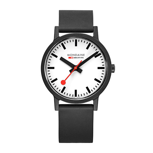 Mondaine - Essence MS1.41110.RB - Herrenuhr 41mm - Bahnhofsuhr in Schwarz schwarzem Armband aus Recyceltes Material/Rohstoffen - 30m Wasserdicht nachhaltig - Hergestellt in der Schweiz