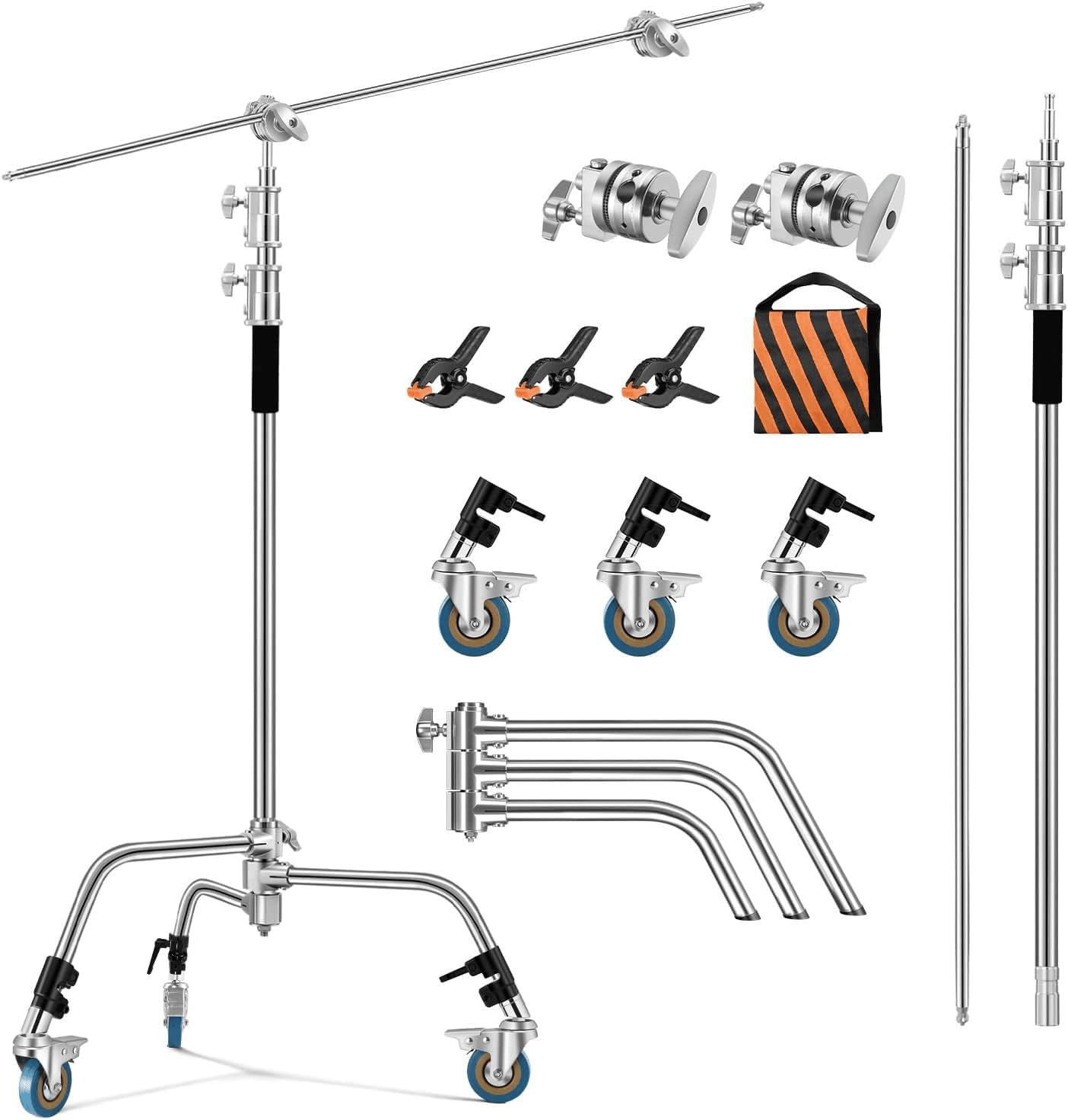 Soonpho C Stand 3m Edelstahl Heavy Duty mit Galgenstativ 330cm und 130cm Haltearm Kit,4 Grip Head Einstellbar,Lichtstativ,für,Softbox,Aufnahmestudio,Monolights,Fotoreflektoren,Flash,Kamera