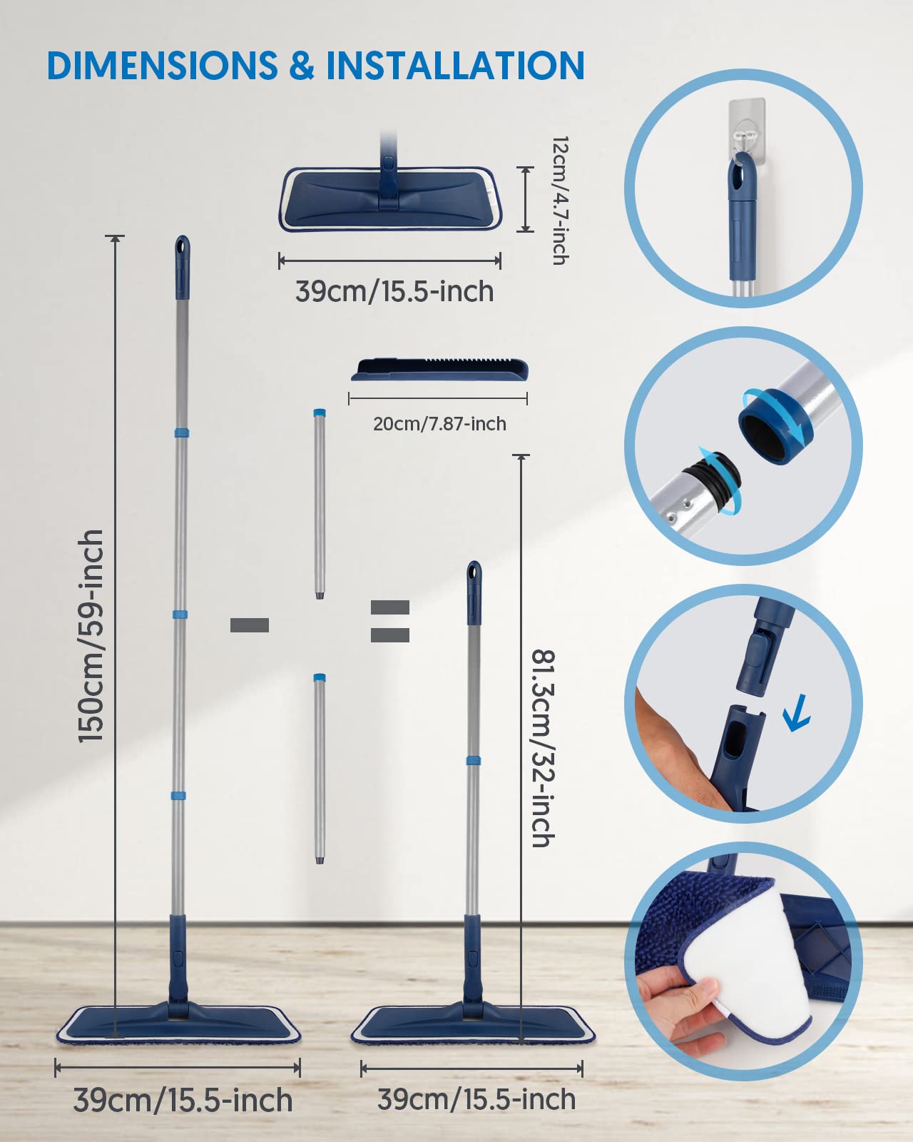 Wischmopp Bodenwischer Mop mit Mikrofaser Bezug - BPAWA 150CM Flach Wischmop Staub Trockenmopp Wischer mit 4 Waschbaren Ersatzbezug für Fliesen Hartholz Parkett Laminat Holz Böden Schnelle Reinigung
