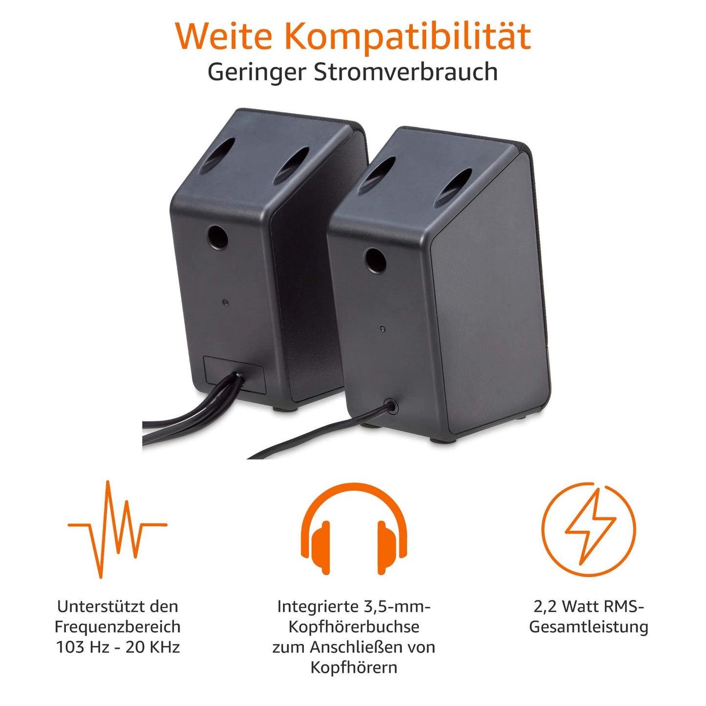 Amazon Basics Computer-Lautsprecher für Schreibtisch-PC oder Laptop , USB-Betrieb, Schwarz, 7,1 x 8,1 x 13,4 cm