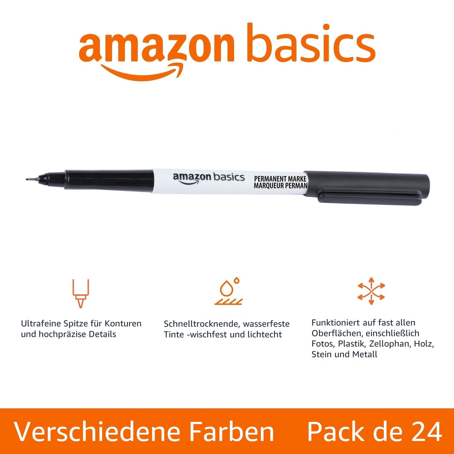 Amazon Basics – Permanentmarker, ultra feine Spitze, 24 Stück, Mehrfarbig