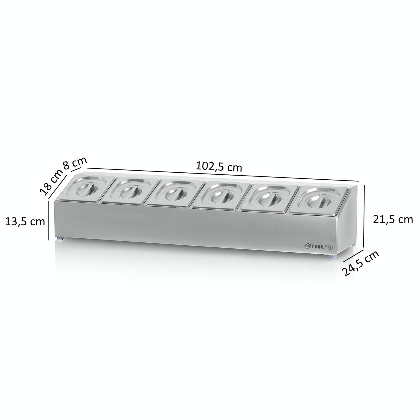 Mahlzeit Edelstahl Zutatenbehälter | 6 x 1/6 GN Catering Behälter mit Gummifüßen | 102,5 x 24,5 x 21,5 cm | Cocktail Zutatenbehälter Bar für Gastro, Küche, Pizza Station, Buffet Zubehör, Salatbar