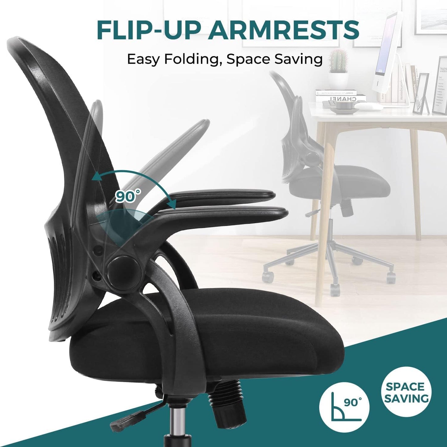 Home Office Stuhl Ergonomischer Schreibtischstuhl Mesh Computerstuhl Moderner Höhenverstellbarer Drehstuhl mit Lendenwirbelstütze/Klapparmlehnen, Schwarz