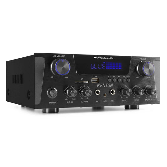 Fenton AV430B Karaoke Verstärker mit Echo, kompakter 600 Watt Bluetooth Verstärker, 2X MIC-In, 2X Cinch-In, MP3-Player, USB, SD, Stereo-HiFi-Verstärker, Amplifier inkl. Fernbedienung - Schwarz
