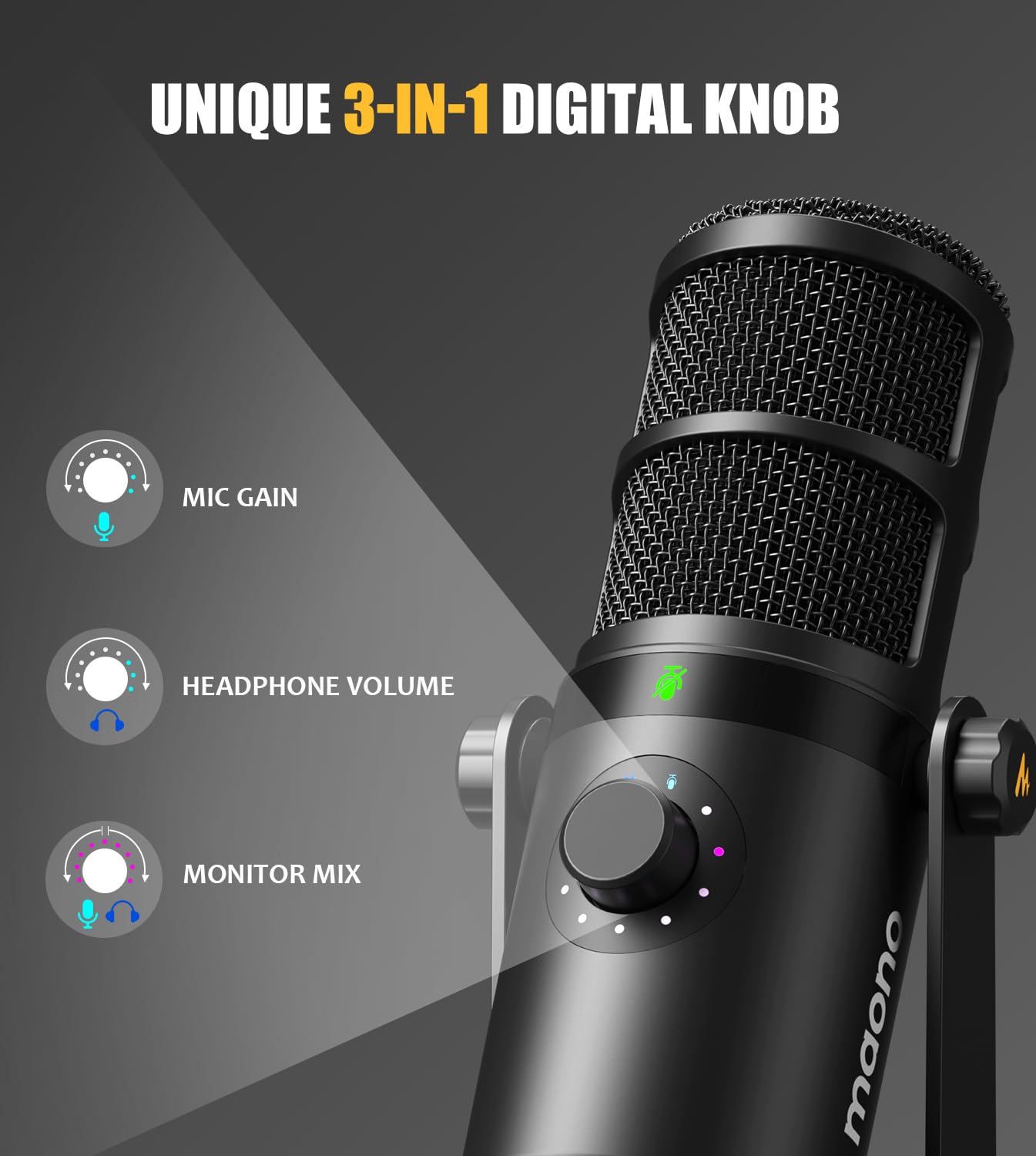 MAONO Dynamisches Mikrofon, USB/XLR-Podcast-PC-Mikrofon mit Software, EQ, Tap-to-Mute, Gain-Regler und Lautstärkeregler, Studiomikrofon für Rundfunk, Aufnahme, Streaming und Gaming (PD400X)