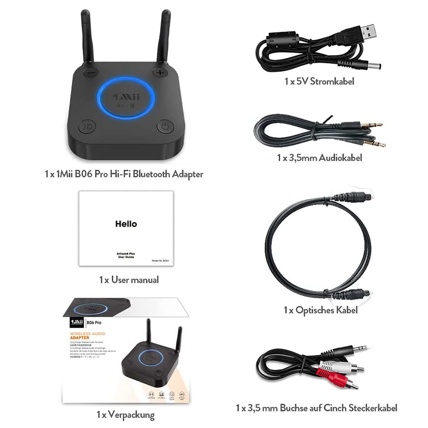 1Mii Großer Reichweite Empfänger, HiFi Kabelloser Audio Adapter, aptX Low Latency Bluetooth 5.1 Receiver mit 3D Surround für Stereoanlage Lautsprecher, Optisches Koaxial 3,5mm RCA AUX