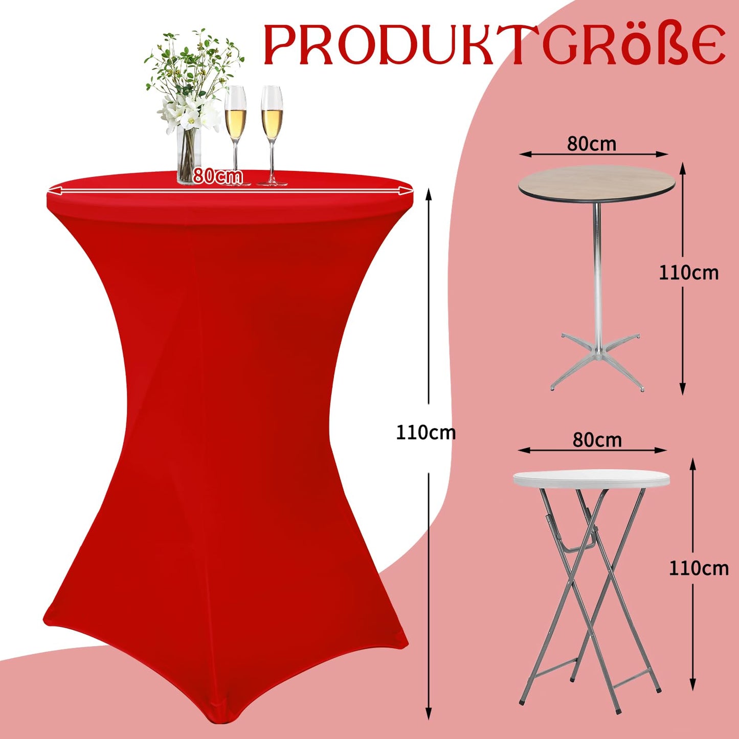 3 Stück Stretch Stehtisch Husse für Bistrotische Ø 80-85 cm, Wasserdicht Spandex Stretch Tischdecke, Verstärkung im Fußbereich, für Stehtische und Bistrotische (Rot, 80 x 110 cm)