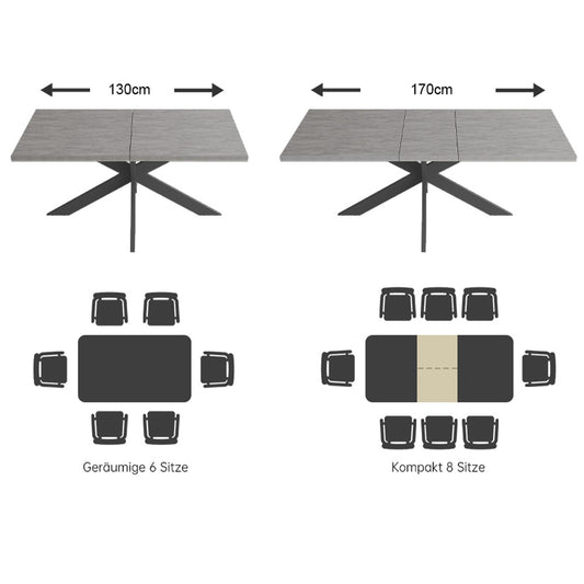jiexi Essgruppe für 4-6 Personen, Ausziehbarer Esstisch 130-170 cm, Grauer MDF-Holztisch mit 6 Stühlen für Küche und Wohnzimmer