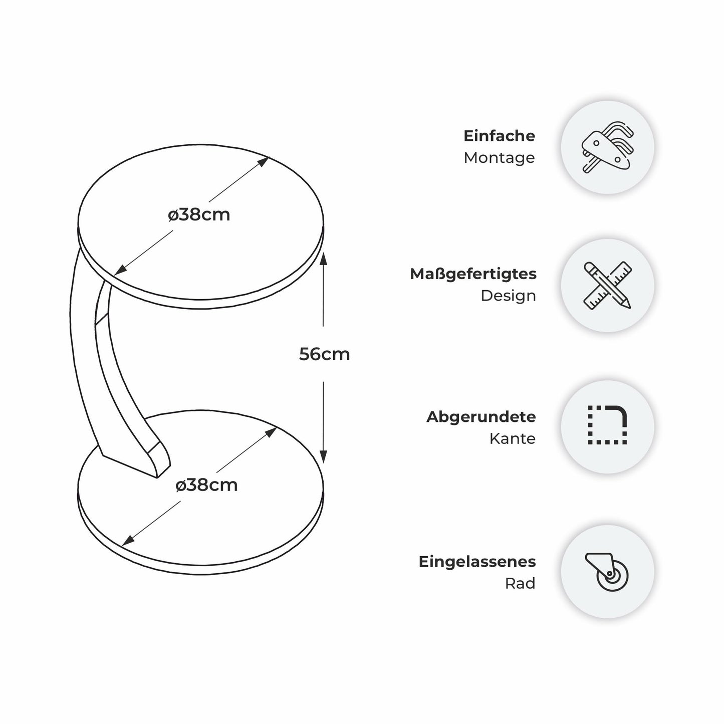 sugodesign Couchtisch mit Rollen, Kleiner Beistelltisch C Form, stylischer Sofatisch in schöner Eiche-Optik, runder Tisch als Ablagefläche für Couch und Sofa