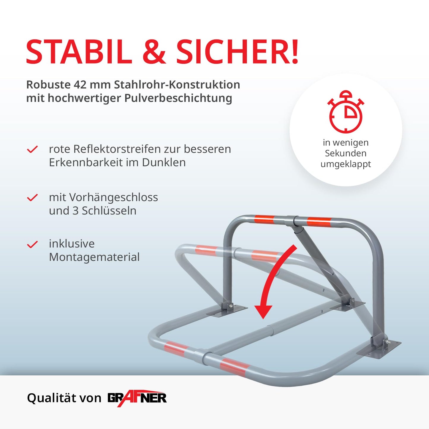 Grafner Parkplatzsperre klappbar mit Schloss und 3 Schlüssel, stabiles Stahlrohr mit Pulverbeschichtung, Parkplatzbügel Parkplatzblockierer Parkpfosten Sperrpfosten Parkbügel Poller Absperrpfosten
