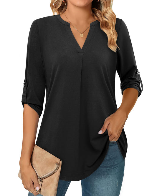 Siddhe 3/4 Ärmel Tunika Tops Bluse Damen Schwarz Business Damenbluse V-Ausschnitt Oberteile Casual Longshirt Frauen T-Shirt Arbeits Elegant Büro Mode Shirt für Leggings Herbst Vintage Einfarbig, M