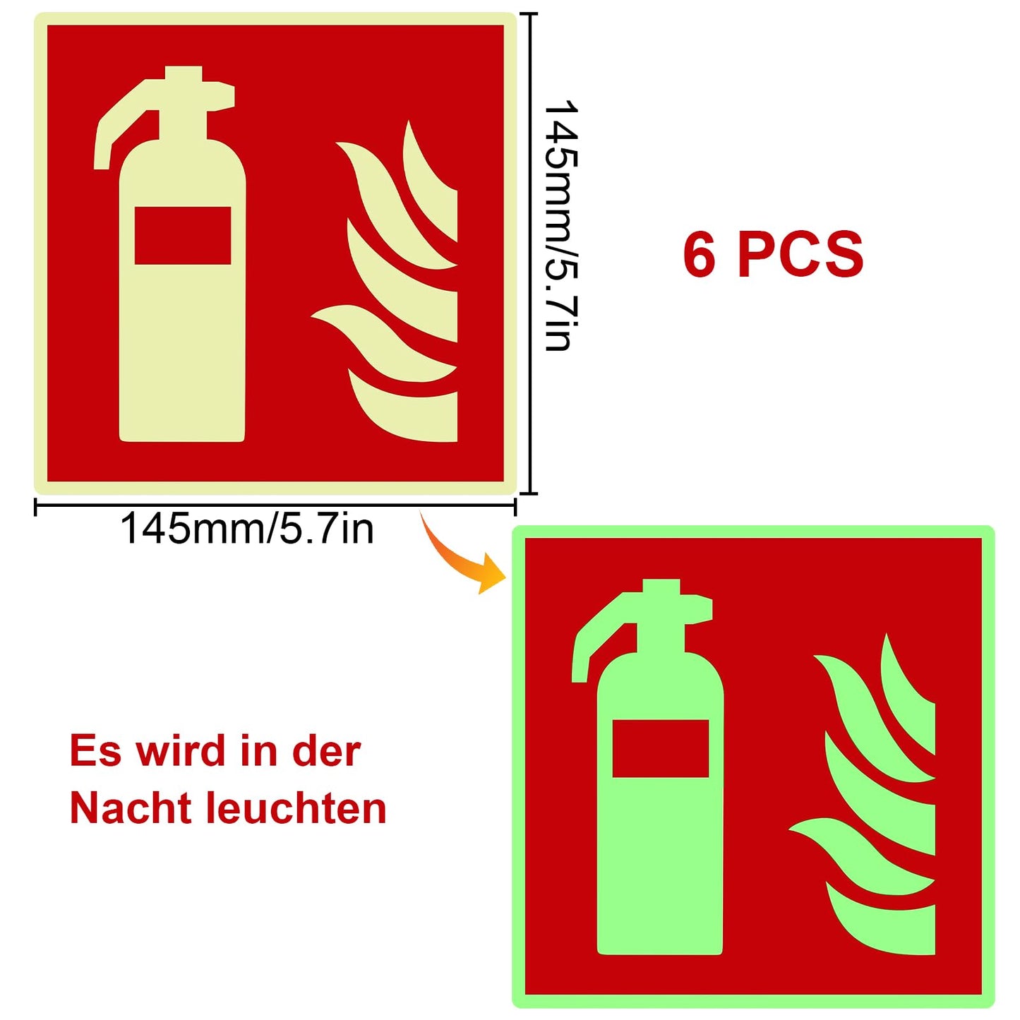 Mumjooyi 6 Stück Feuerlöscher Schild Feuerlöscher PVC Starker Kleber Hochwertiges Hinweisschild Feuerlöscher Nachleuchtend Selbstklebend 14,5 x 14,5CM (6 Stück Feuerlöscher Schild)