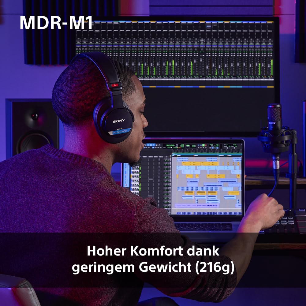 Sony MDR-M1 Studio-Kopfhörer mit geschlossenem Rücken - kabelgebunden, Ultra-Breitband-Wiedergabe (5Hz-80kHz), ideal für Studioaufnahmen und -abmischungen, leicht (216g), 2 abnehmbare Kabel, schwarz