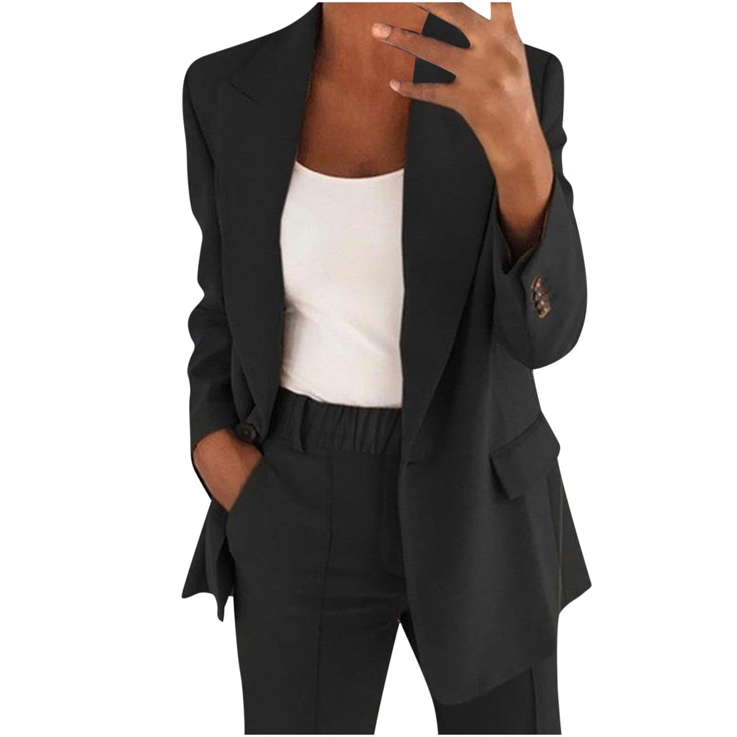 Hosenanzüge für Damen Modern Elegant Anzug Set Business Büro 2 Teiler Slim fit Blazer Hose Outfit Revers Casual Sportlich Anzugjacke Baumwolle Freizeitanzug Schwarz L