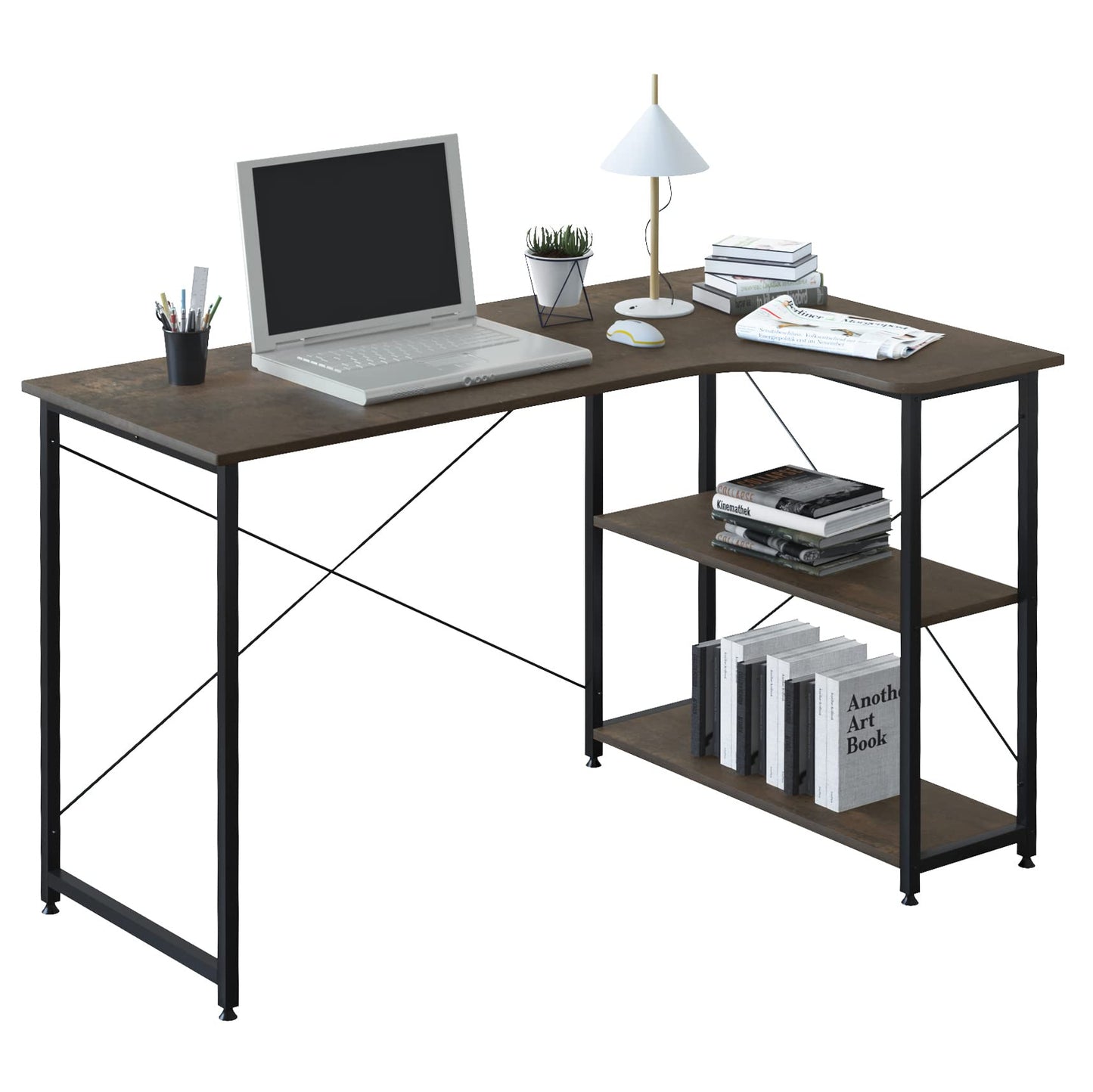 WOLTU Eckschreibtisch, L-förmiger Schreibtisch mit 2 Ablagen, Bürotisch Computertisch PC Tisch, Ecktisch Groß für Büro Homeoffice Gaming, Industrie-Design, 120x71,5x74 cm, Schwarz+Rostfarbe