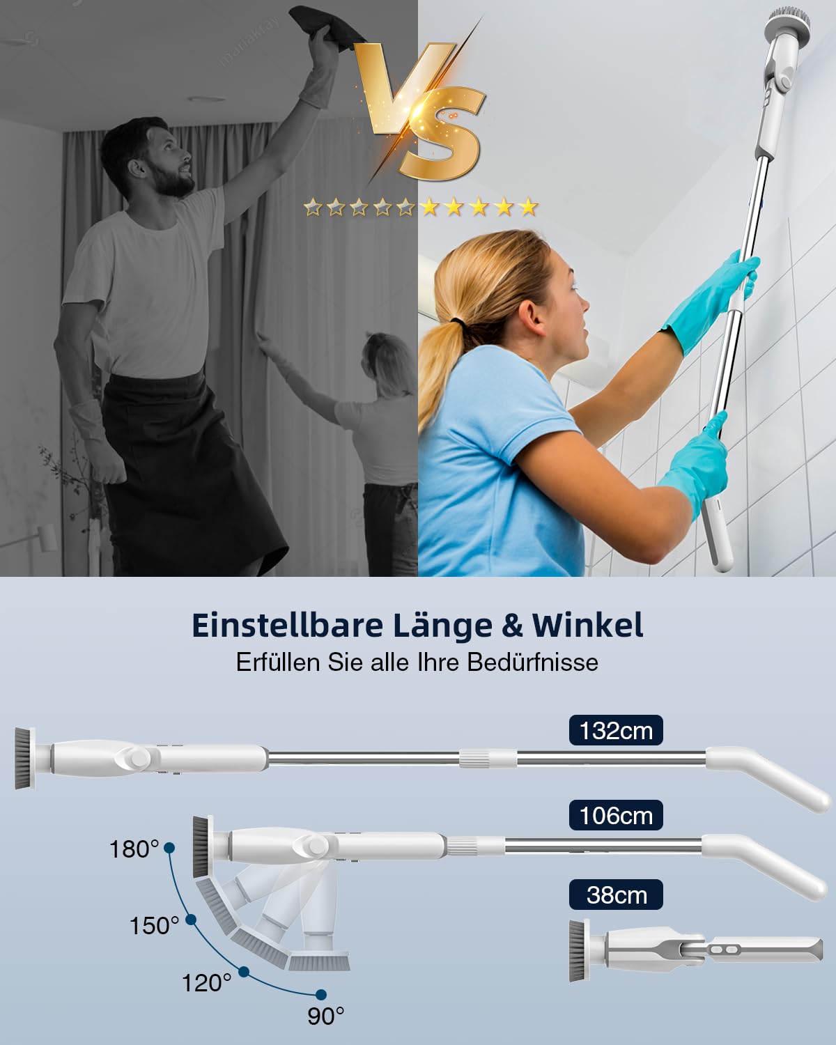 Leebein Elektrische Reinigungsbürste, 2024 Neues Spin Scrubber mit 8 Austauschbaren Bürstenköpfen, Fernbedienung, Verstellbarer Langgriff 38-132CM & 2 Geschwindigkeiten und für Badezimmer/Küche