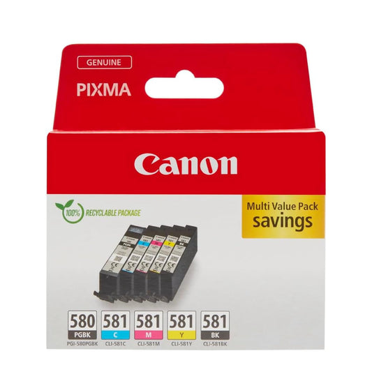 Canon Tinten-Multipack - PGI-580/CLI-581 Original Drucker-Tintenpatronen 5er-Pack (1 x Schwarz, 1 x Cyan, 1 x Magenta, 1 x Gelb & 1 x Schwarz) - Kompatibel mit Canon PIXMA Druckern