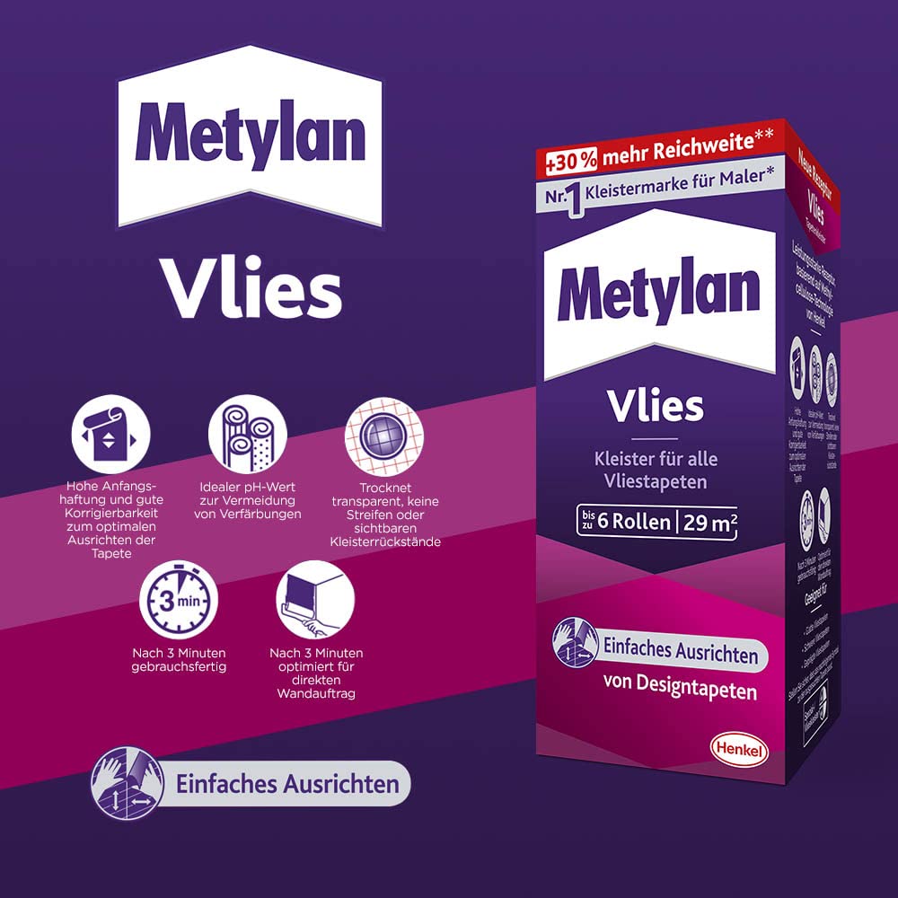 Metylan Vlies, Tapetenkleister für Vliestapeten mit glatter oder strukturierter Rückseite, einfach zu verwendender Tapetenkleister, Kleister mit hoher Ergiebigkeit, 1x180g