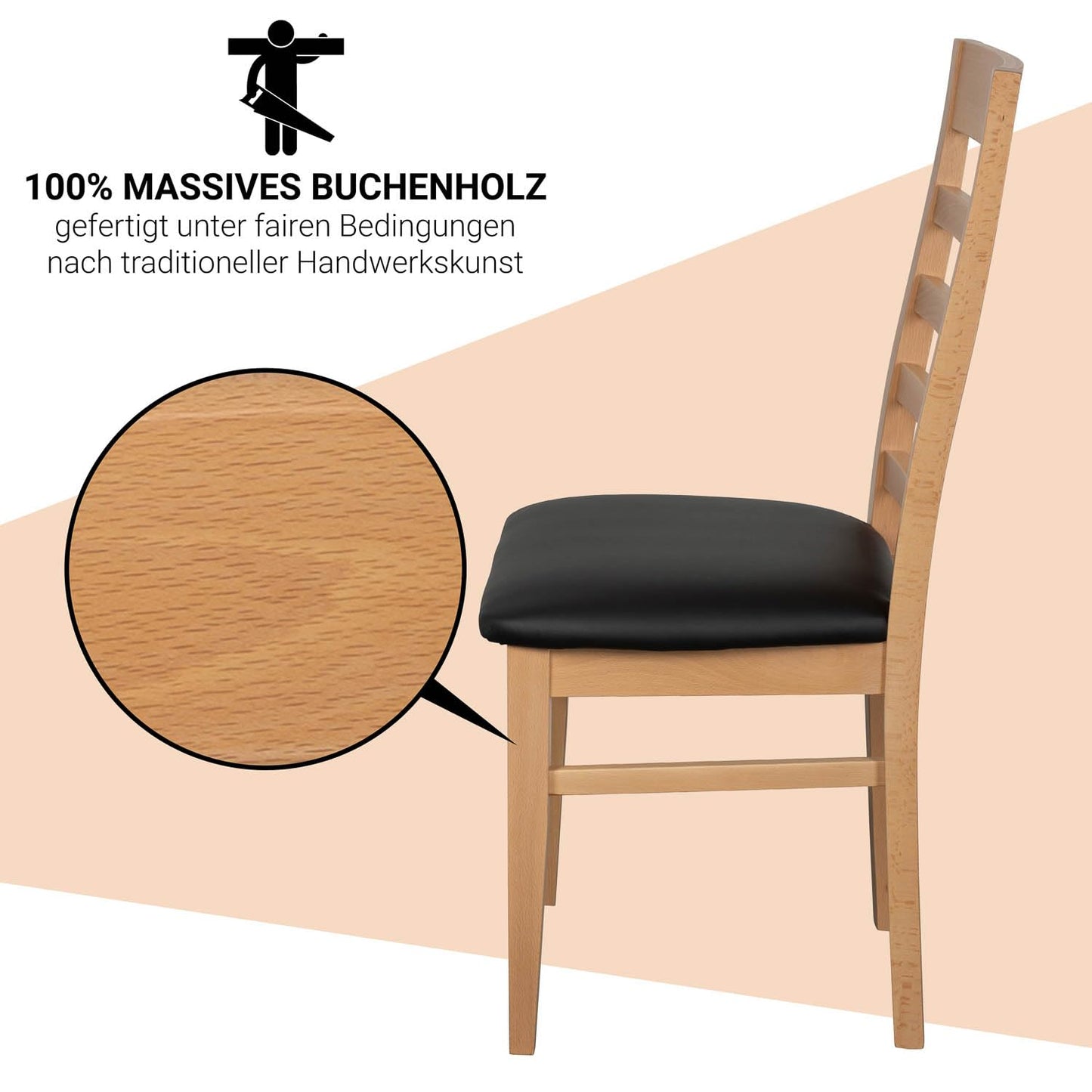 Staboos CH62 Esszimmerstuhle 2er Set Holz Stuhl bis 150 kg - Fertig montiert - Küchenstuhl gepolstert - massiv Holz Buche (Natur - Schwarz)