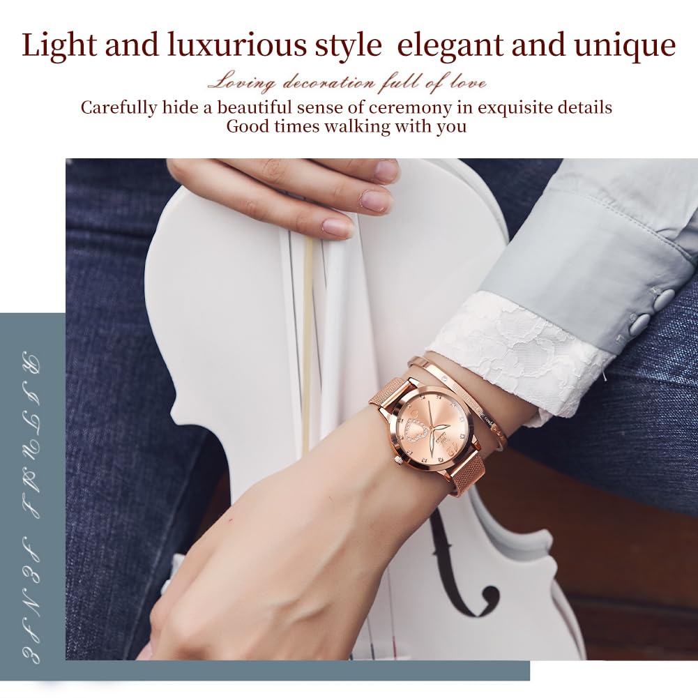 OLEVS Damenuhr Roségold mit Herz Diamant Rosa Gesicht Armbanduhr wasserdicht Armreif Armband Set Armbanduhren für Damen