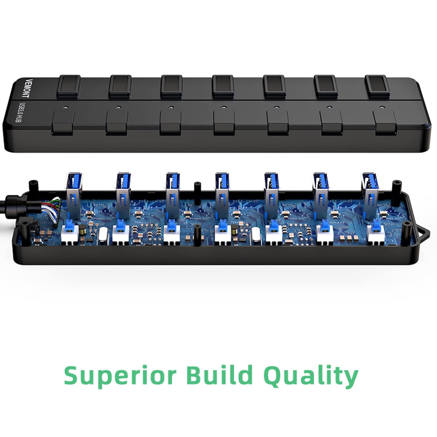 USB 3.0 Hub, VEMONT 7-Port USB Hub USB Splitter mit verlängertem 1.2m Kabel, USB Verteiler mit einzelnen LED Power Schalter für PC/MacBook Air/Pro/Mac Mini/iMac/MacPro/Laptops und weitere USB Geräte