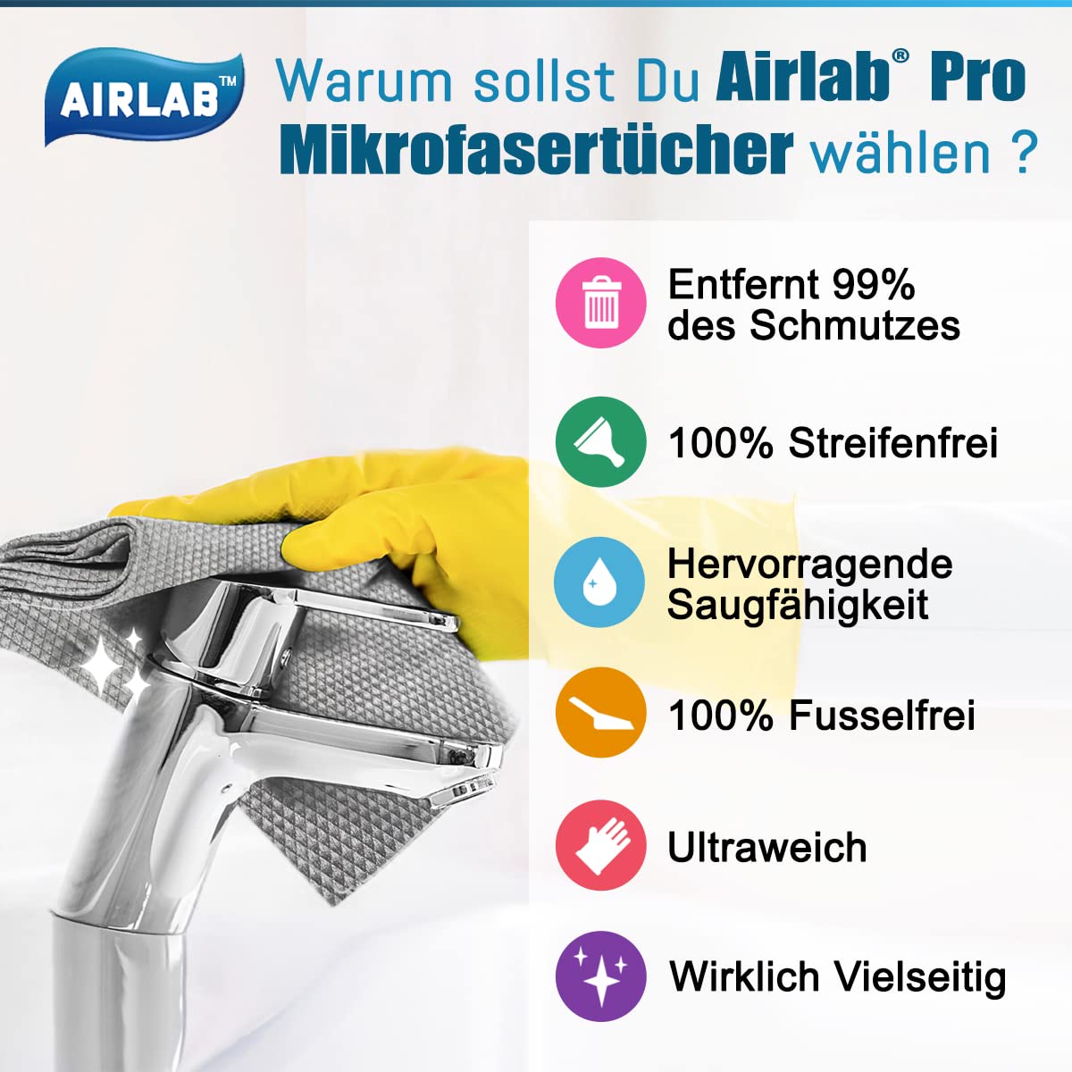 Airlab 8X Mikrofasertücher Putztücher, Nano Streifenfrei Fenstertuch Geschirrtücher, Fishscale Reinigungstücher für Auto, Fenster, Brille, Küche, Glas, Spiegel, Wasserhahn und Bad, 40x30 cm