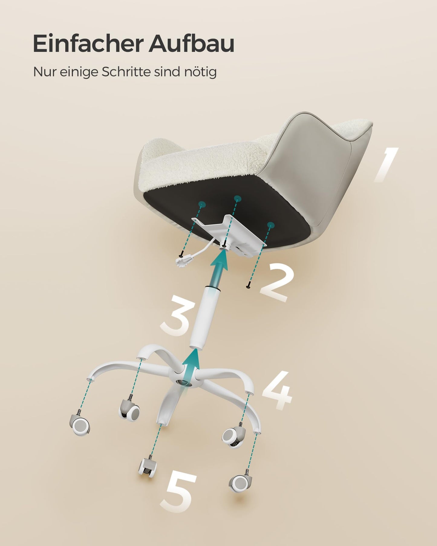 SONGMICS Homeoffice Stuhl, Drehstuhl, Schreibtischstuhl, höhenverstellbar, bis 110 kg belastbar, atmungsaktiver Sherpa-Stoff und PU, für Arbeitszimmer, Schlafzimmer, cappuccinobeige OBG019W01