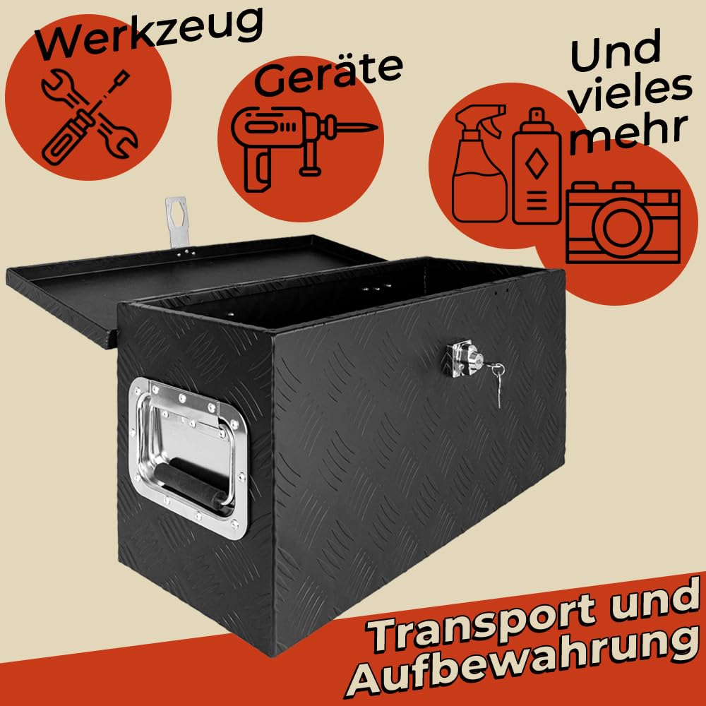 trucky Deichselbox Schwarz Werkzeugkasten Truckbox Alu Box Anhänger Kiste mit Deckel Abschließbar Alubox Transportbox Werkzeugbox Aluminium Aufbewahrungsbox