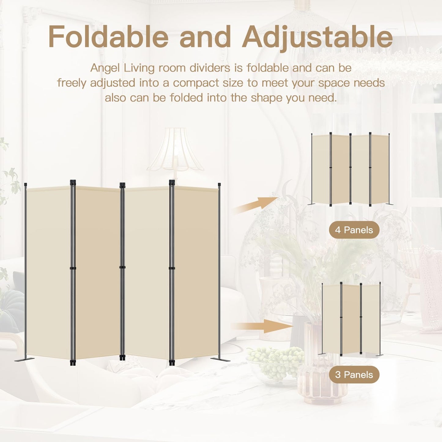 Angel Living Paravent 4tlg Sichtschutz,Faltbildschirm Raumteiler Sichtschutz aus Stahl und Polyester (Beige)