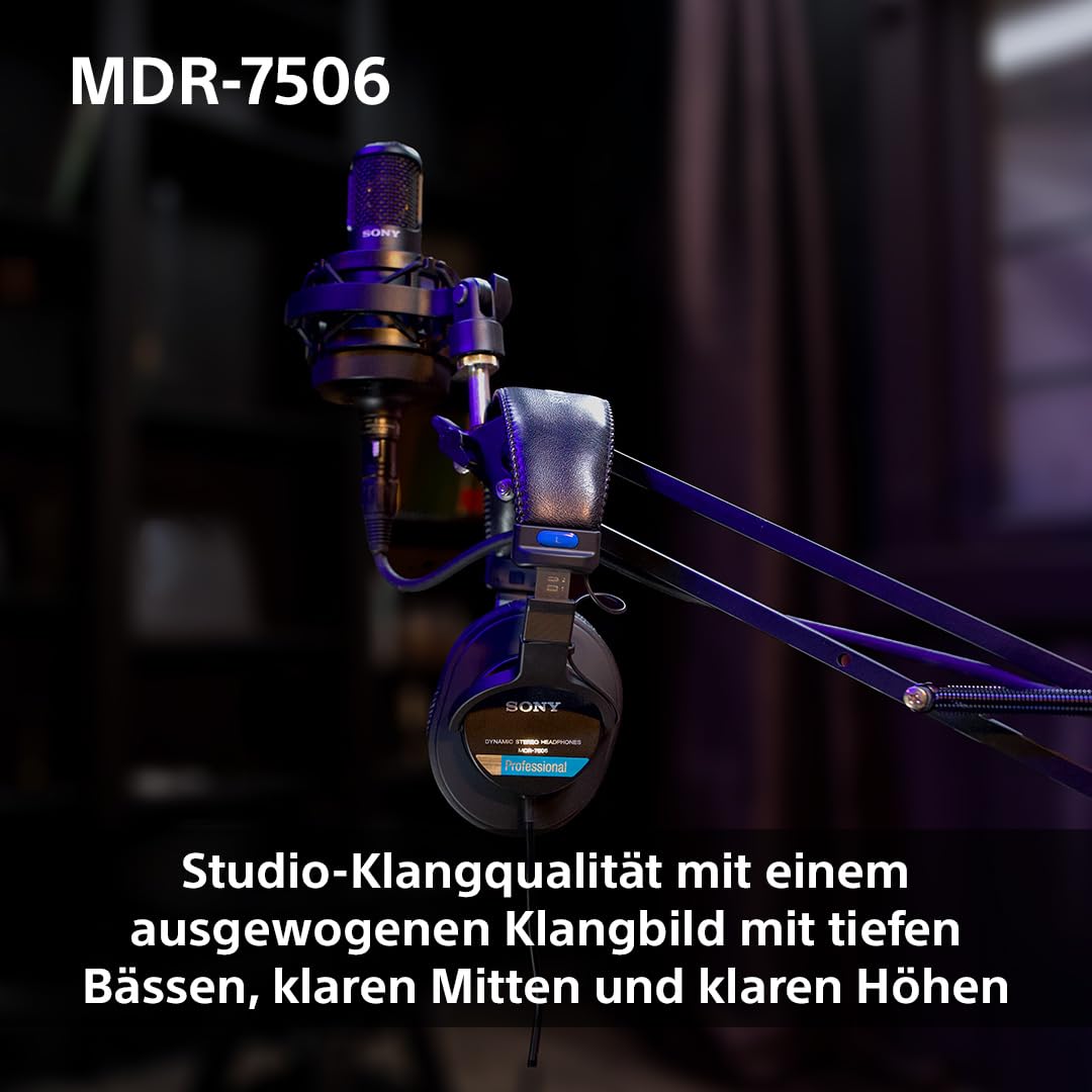 Sony MDR-7506 Studio-Monitor-Kopfhörer, geschlossen, kabelgebunden, 10 Hz-20 kHz, 63 Ohm, leichtes, faltbares Design (227 g), ideal für Studioaufnahmen und -abmischungen, inkl. Tasche, schwarz