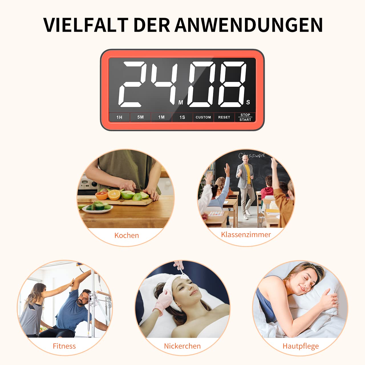 VOCOO Extra große Digitale Zeitschaltuhr: 19,8 cm LED-Bildschirm, starker Magnet, 3 Helligkeit, 4 Alarmtöne, 4 Lautstärken, Countdown Timer für Küche, Klassenzimmer, Fitnessstudio (Schwarz+Orange)