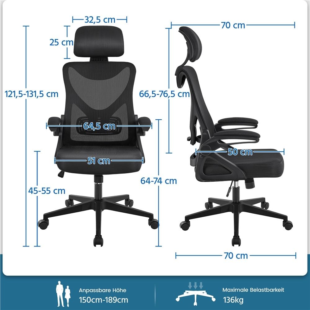 Yaheetech Bürostuhl Ergonomisch, Schreibtischstuhl mit Hochklappbaren Armlehnen, Drehstuhl mit Rückenlehne und Verstellbarer Kopfstütze, bis 136 kg Belastbar Schwarz