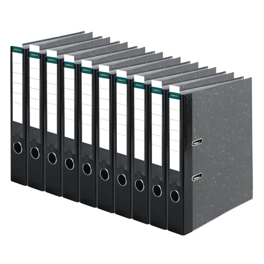 SCHÄFER SHOP Ordner DIN A4 breit – 5 cm Ordnerrücken mit Einsteckrückenschild - Ringbuch Aktenordner Büroordner - Made in Germany - Wolkenmarmor schwarz, 10er Pack