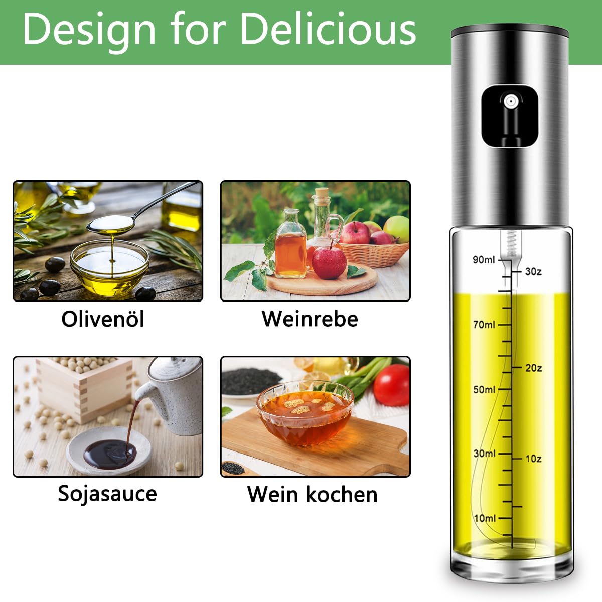 BETA NOBLE〖Verstärkte〗Ölsprüher zum Kochen, Öl Sprühflasche, Ölspray zum Kochen, Olivenölsprüher für Salat, Grillen, Backen in der Küche (2er-Pack)