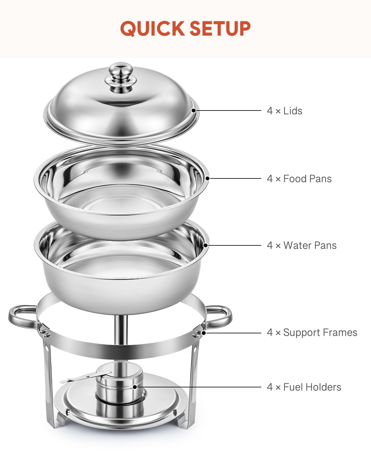 Wilprep 5L 4Set Rund Chafing Dish Edelstahl Speisenwärmer Wärmebehälter Suppenwärmer Bain Marie Speisen Warmhaltebehälter ideal für Events & Partys