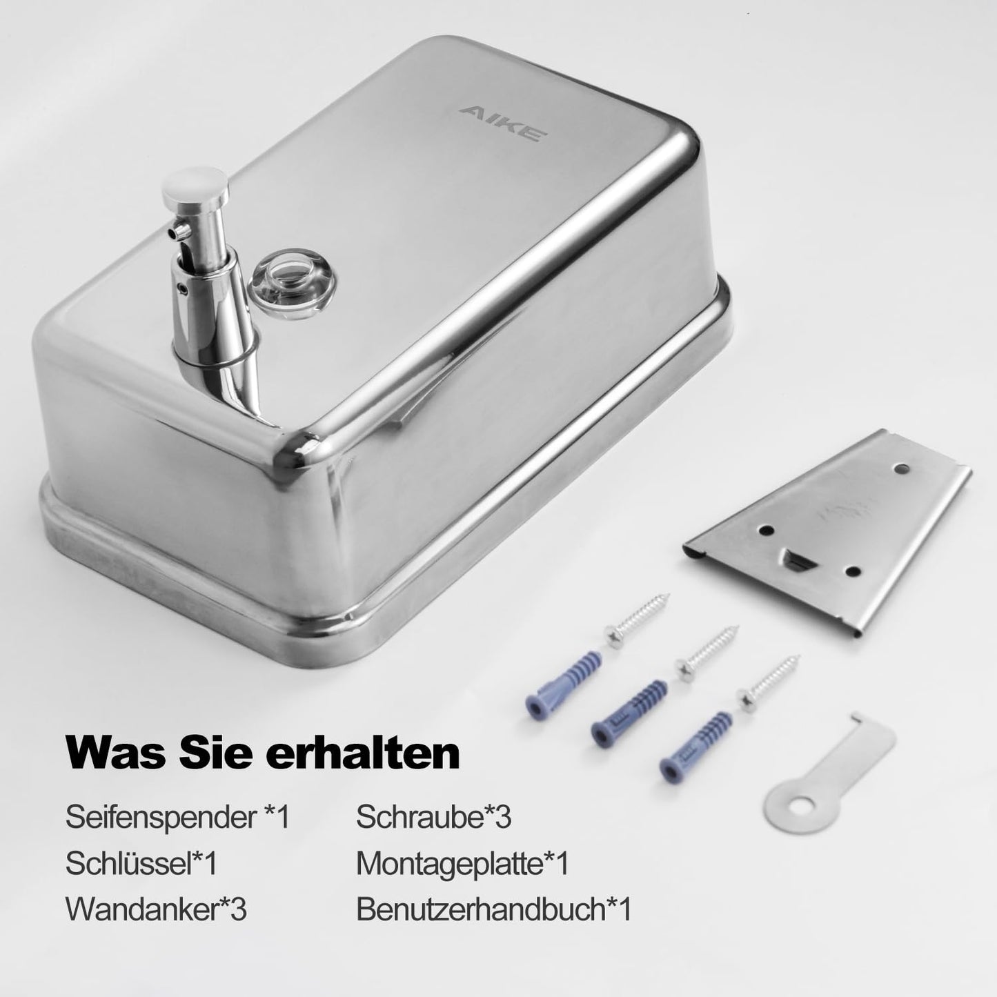 AIKE Seifenspender zur Wandmontage, 1100 ml Seifenspender aus Edelstahl, integrierte Kunststoff-Schutzschicht, rostfrei, verschleißfest und tropfsicher, kommerzieller Seifenspender Wandbefestigung