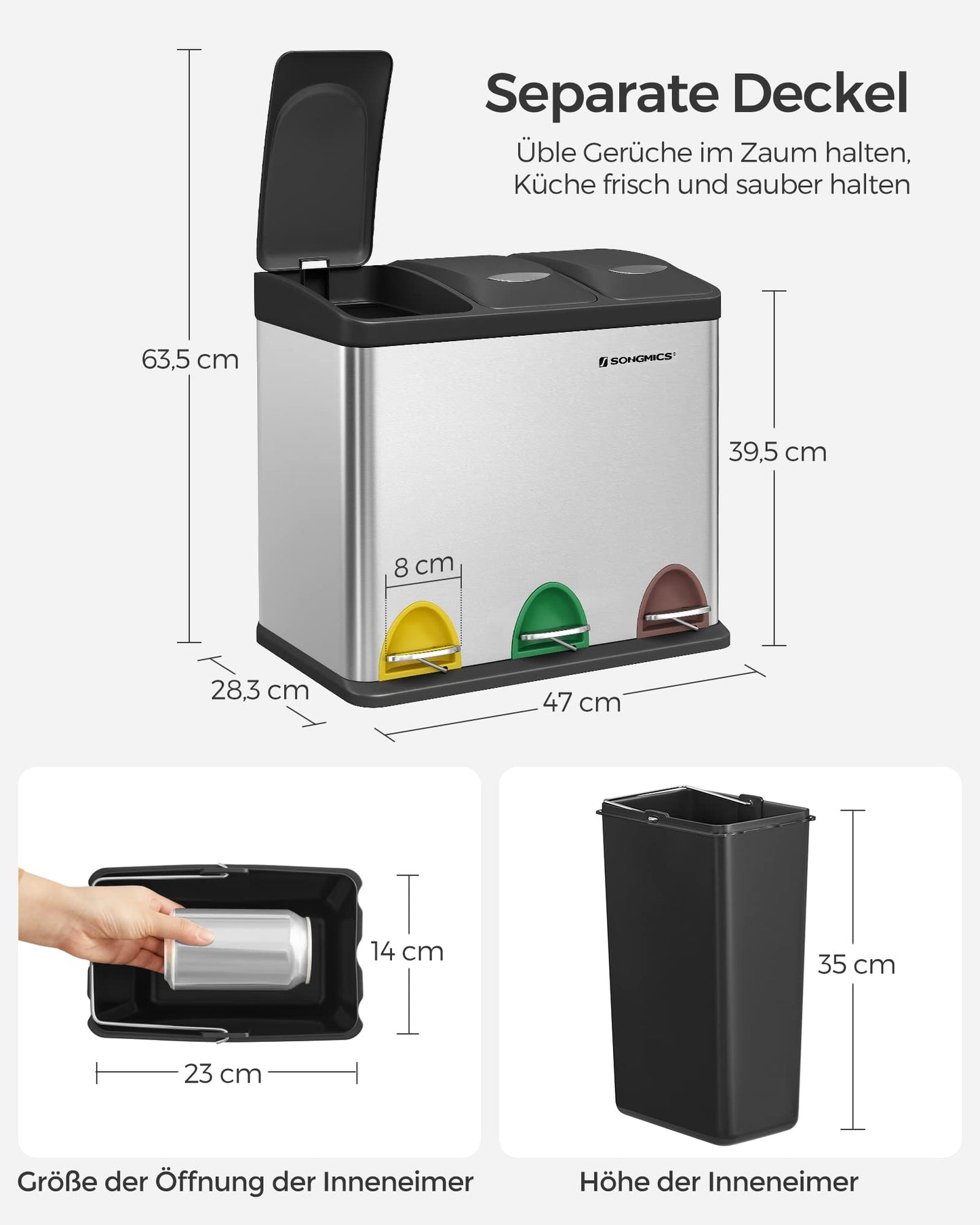 SONGMICS Mülleimer Küche, 3 x 8 L, kleine Kapazität, Mülltrennsystem 3 Fächer, Abfalleimer mit Deckel, Stahl-Treteimer für kleine Familien, Pedale und Inneneimer, silbern-schwarz LTB24L