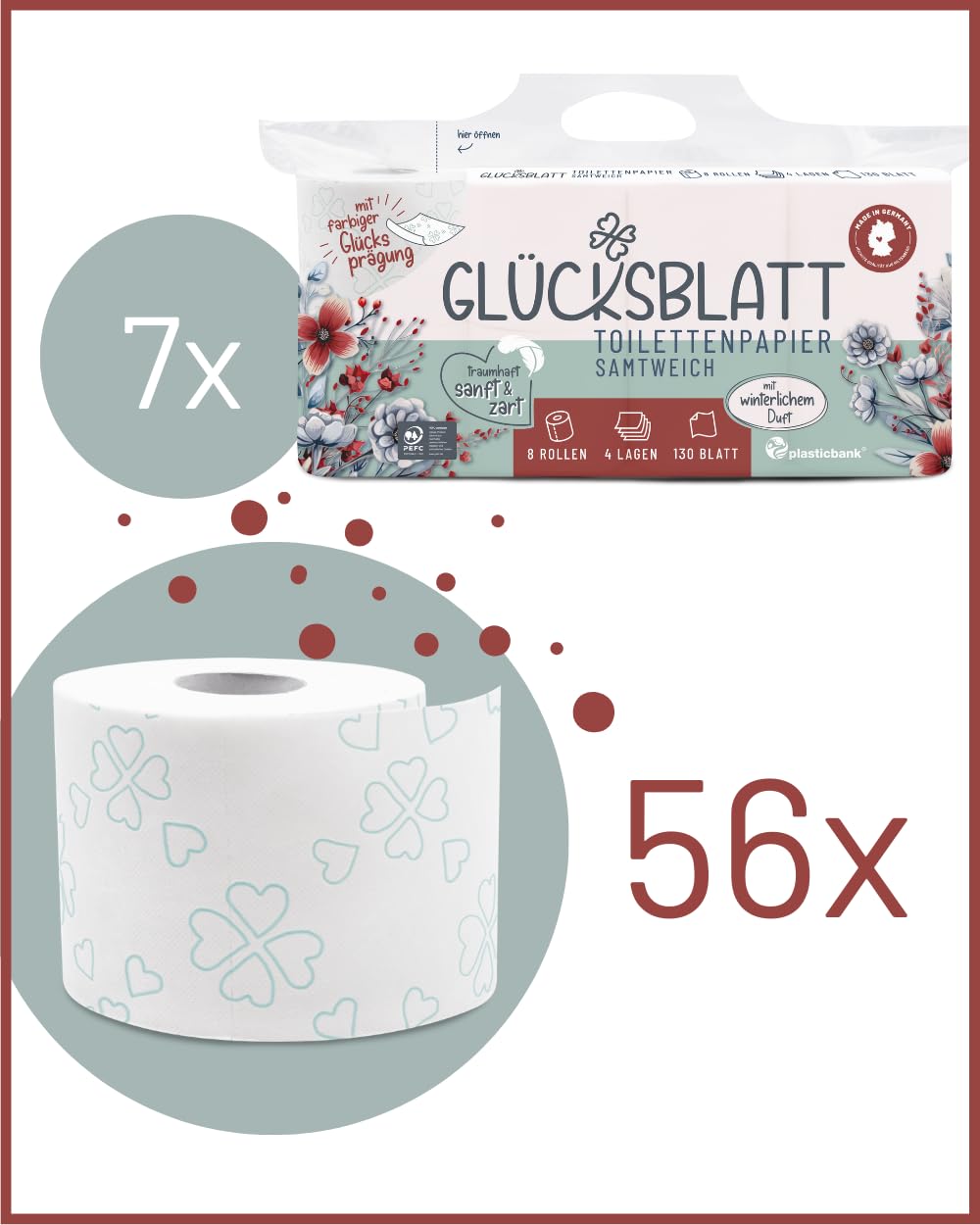 Glücksblatt Toilettenpapier SAMTWEICH mit Vanilleduft, 4-lagig, 56 Rollen x 130 Blatt, 100% Zellstoff, superweiches Klopapier mit Glücks-Prägung, WC Papier, Verpackung aus mind. 30% PCR