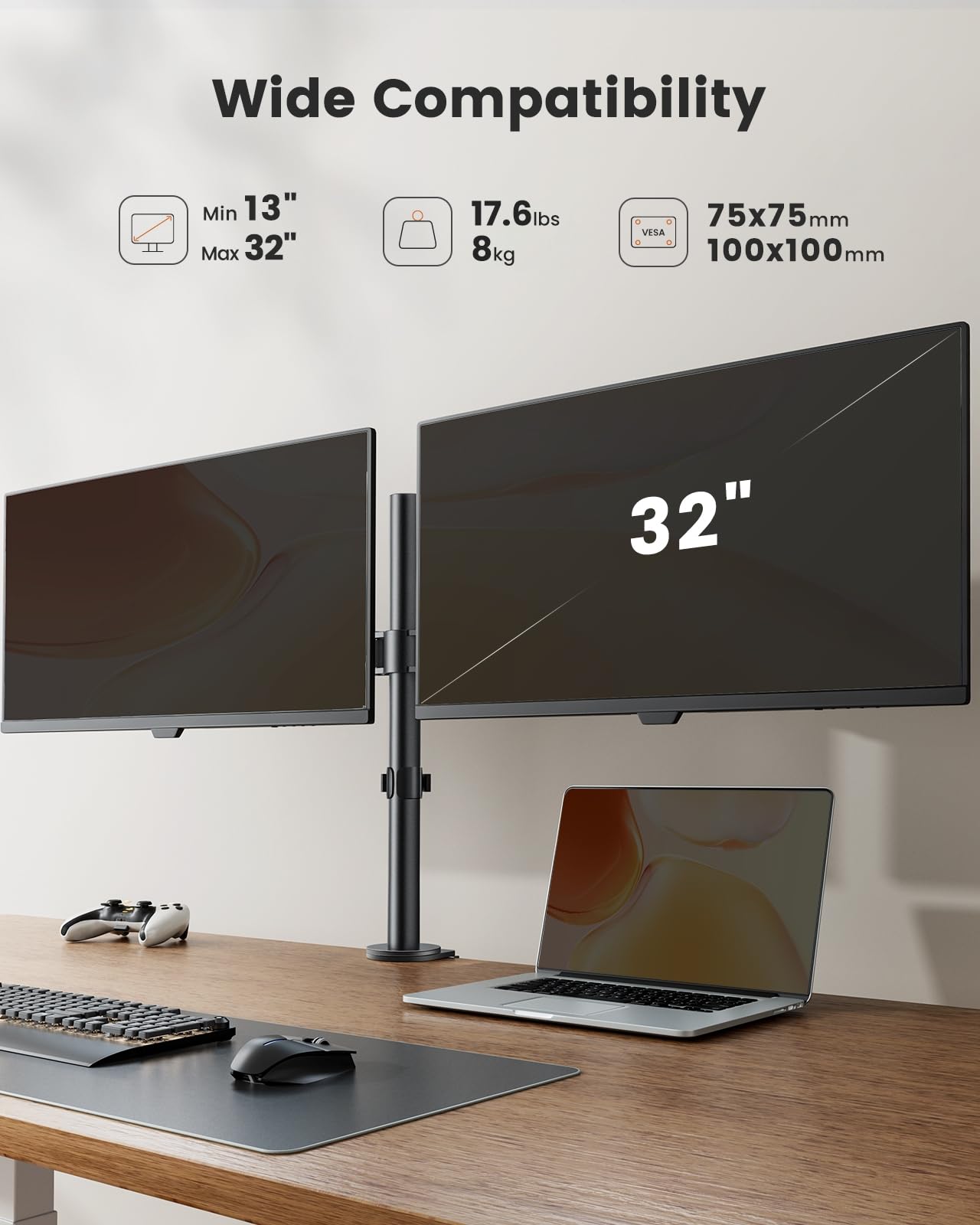 ErGear Monitor Halterung 2 Monitore für 13-32 Zoll Bildschirm, Bildschirmhalterung 2 Monitore Höhenverstellbar Neigbar Schwenkbar Drehungbar, Monitorhalterung 2 Monitore, VESA 75/100