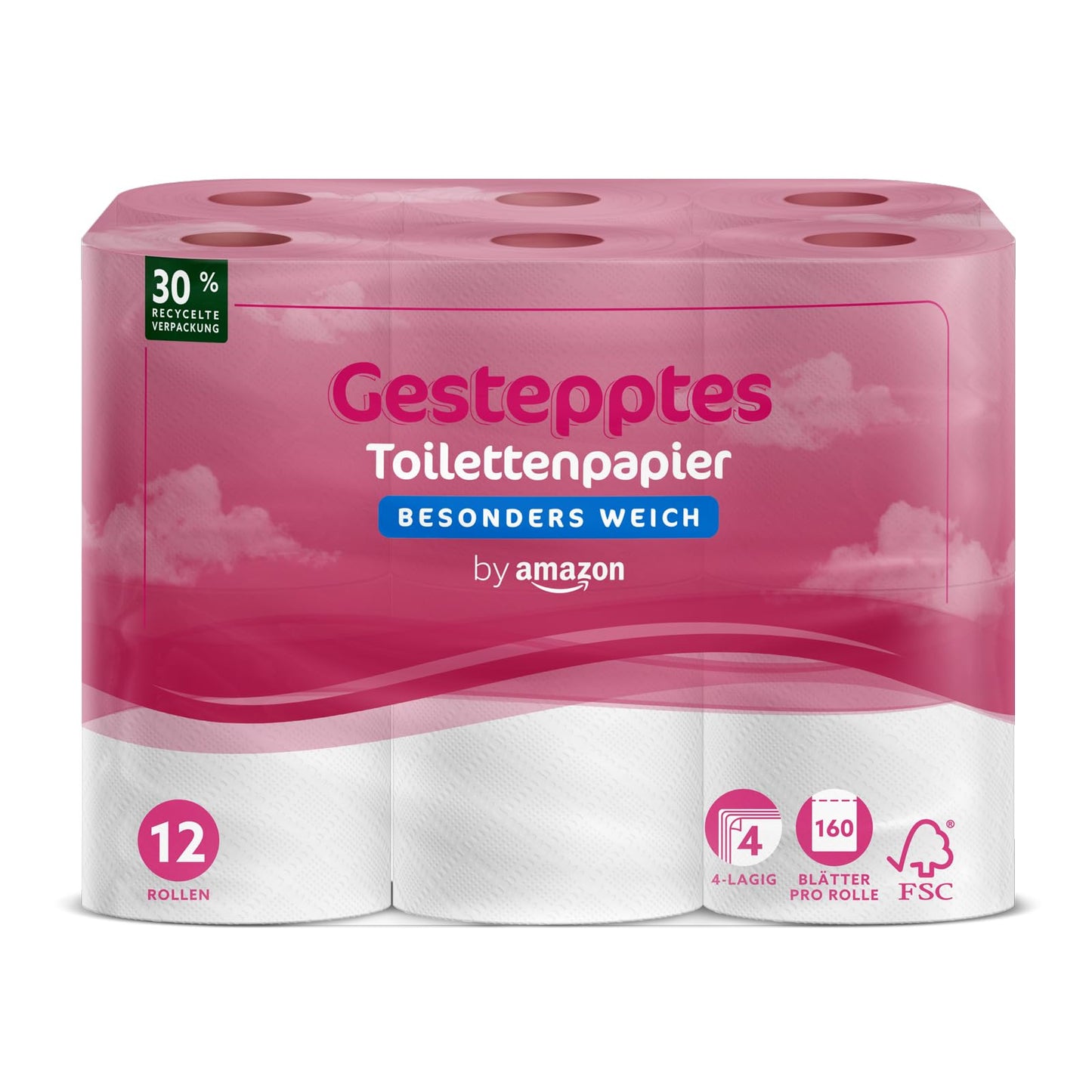 by Amazon Toilettenpapier, 4-lagig Gestepptes, Besonders Weich, 48 Rollen (12 Rollen, 4-er Pack), 160 Blätter pro Rolle, FSC-Zertifiziert