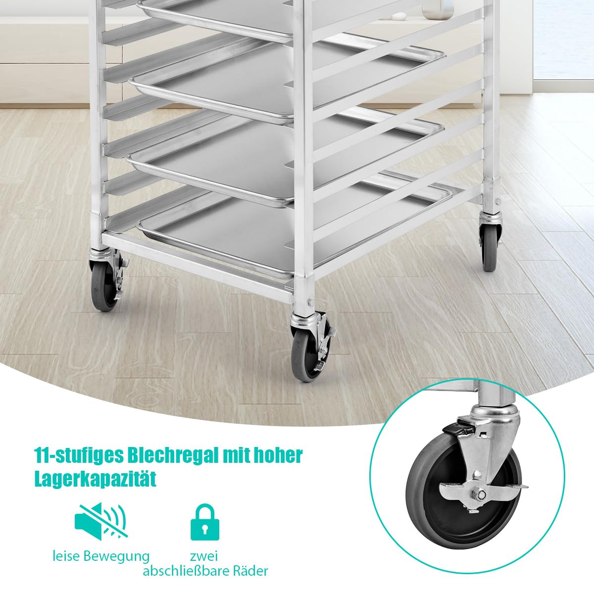 COSTWAY Tablettwagen für 10 Tabletts, Regalwagen Servierwagen Aluminium, bis 15 kg pro Blech, Abräumwagen auf Rollen mit Bremse, Transportwagen Stikkenwagen, Rollwagen Küchenwagen, Silber