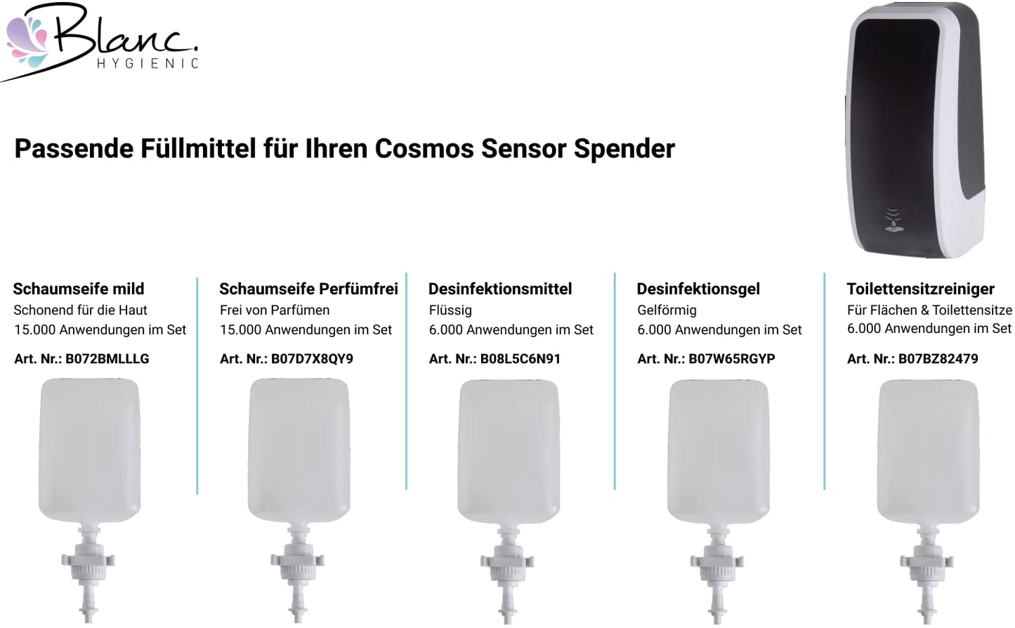 Blanc HYGIENIC Desinfektionsspender Cosmos – Spender mit Sensor und Standfuß, Spender stehend und 3X 1 Liter Desinfektionsmittel, Händedesinfektion für ca. 3.000 Anwendungen, Weiß und Schwarz