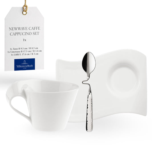 Villeroy & Boch – Newwave Caffè Cappuccino Tassen Set, Spülmaschinenfest, Mikrowellensicher, Cappuccinotassen, Kaffee Geschirr Set, Tasse, Untertasse, Löffel, Premium Porzellan, Edelstahl