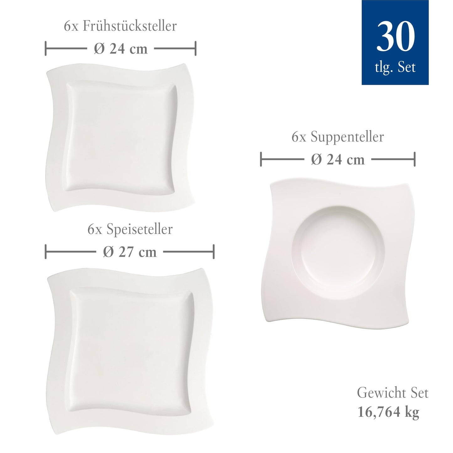 Villeroy & Boch – Newwave Basic Tafelservice 30 Teilig, Geschirr Set Für 6 Personen, Spülmaschinenfest, Geschirrset, Service, Teller, Tassen, Weiß, Keramik, Premium Porzellan
