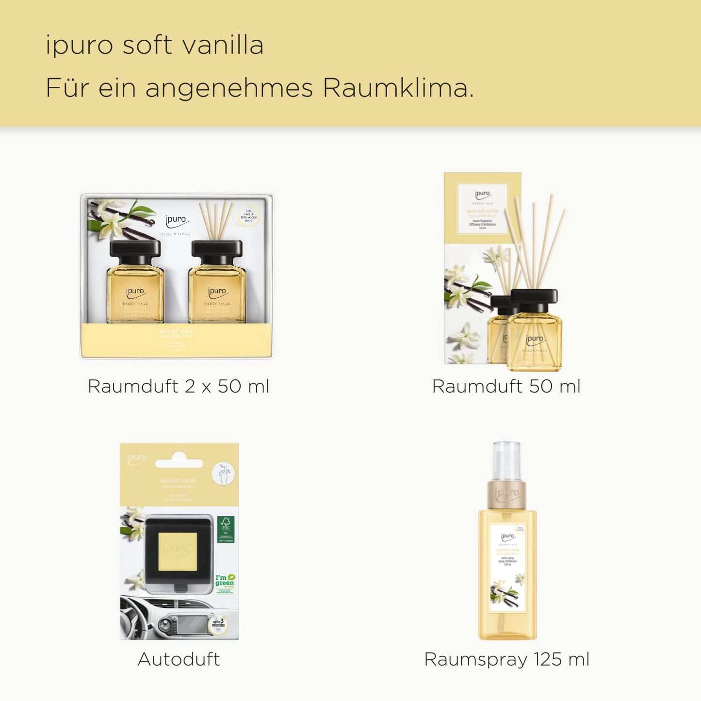 ipuro - dekorative ipuro soft vanilla Duftkerze - minimalistische & puristische Duftkerzen im Glas - intensive Duftkerzen mit feiner Madagaskar Vanille - stilvolle Kerze 125 g