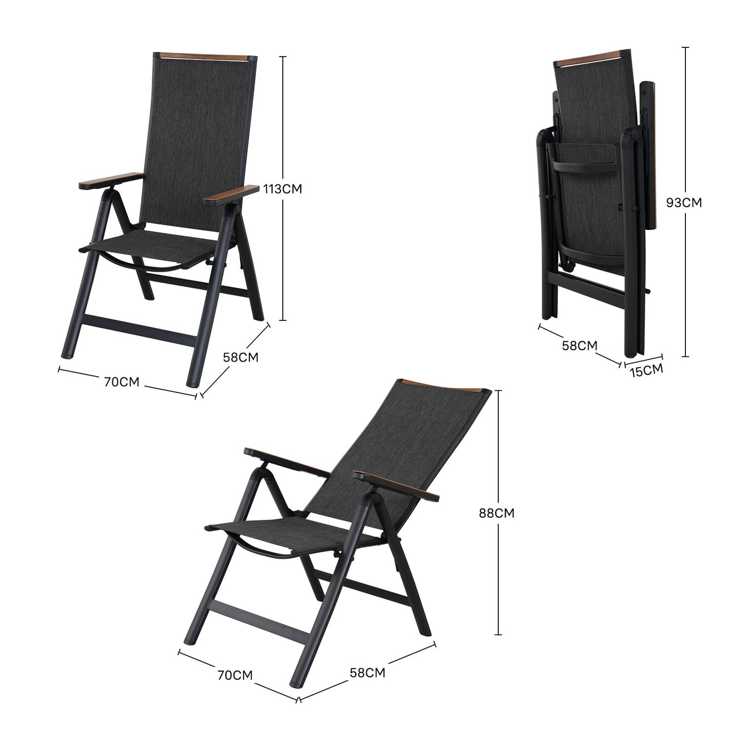 Grand patio Garten Klappstuhl, Aluminium Gartenstühle Hochlehner mit 6-Fach Verstellbare, Mesh Gewebe, Wetterfest, Gartenliege für Balkon, Terrasse (Schwarz)