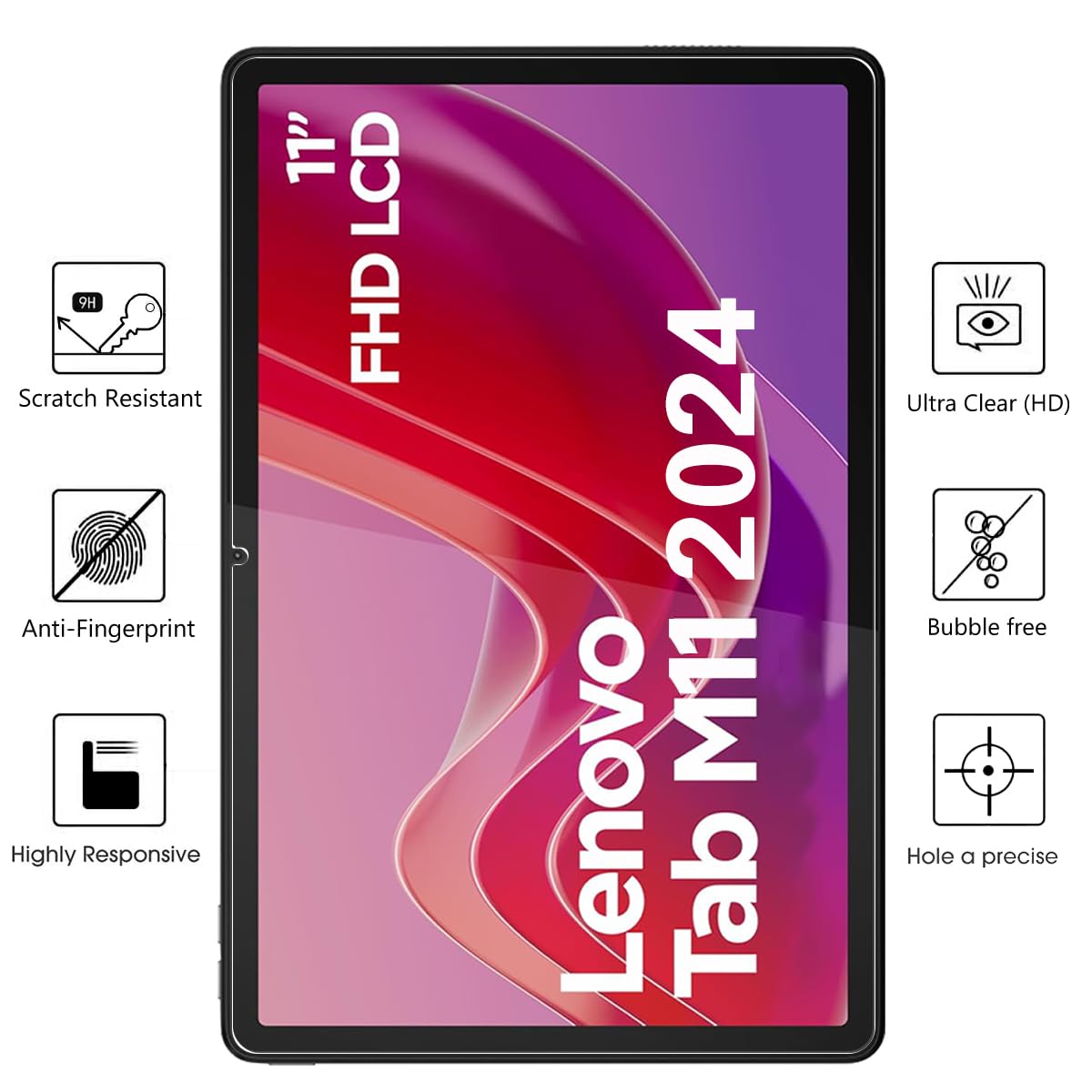 GOZOPO Schutzfolie für Lenovo Tab M11 / Tab K11 (2024) 11 Zoll, 9H Härte, hohe Auflösung, Kratzfestigkeit, keine Blasen [2 Stück]