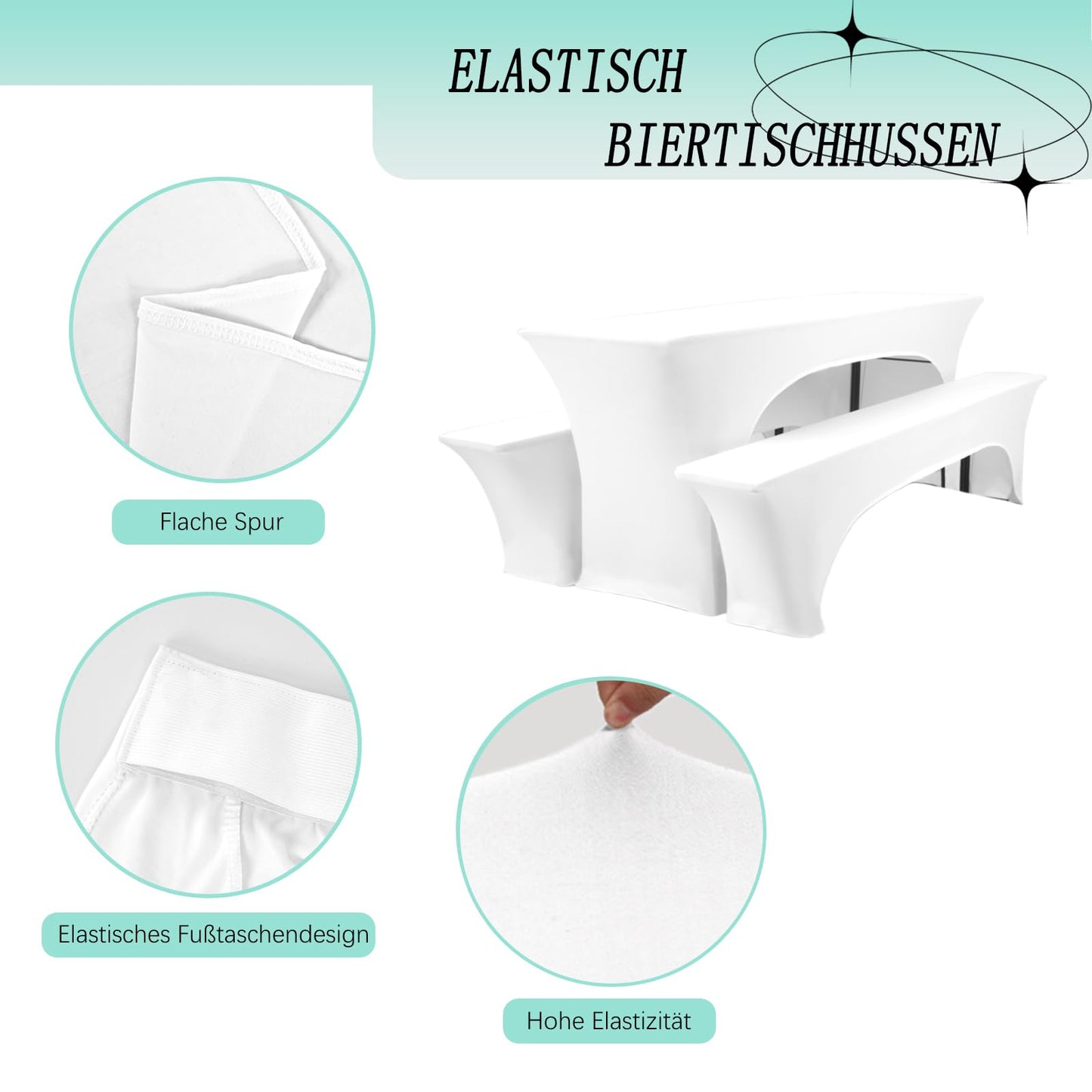HASJOIN DREI 3er-Set Biertischhussen 220 x 50 x 70 cm, hussen bierzeltgarnitur, weiß, Stretch-Bezüge für Biertisch-und Bankgarnituren, Bierbankhussen, Spandex-Bierzeltgarnitur für Bankett